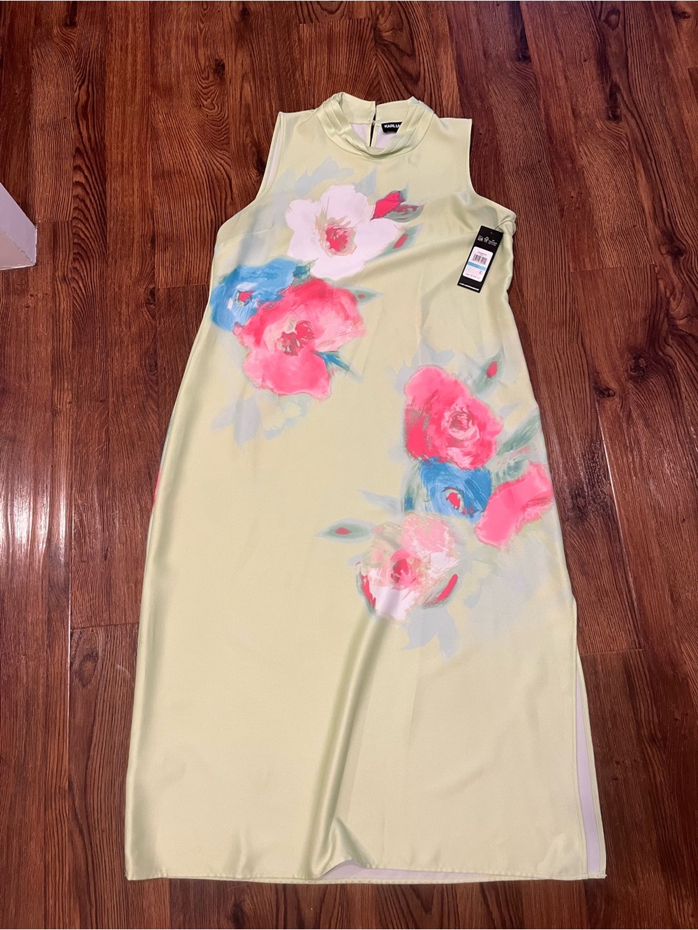 Karl Lagerfeld Sleeveless Satin Midi Dress - Lime Green with Pink & Blue Bloom